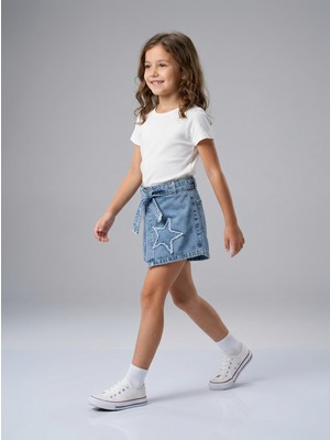 Sercino Kız Çocuk Yıldız Aplikeli Pamuklu Kot Şort Etek