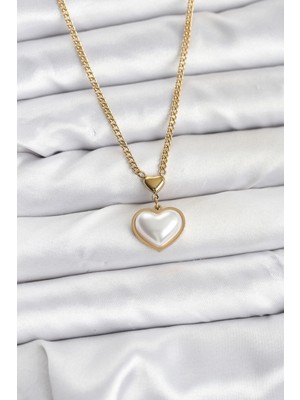 Krm 316L Çelik Zincir Gold Renk Bombeli Kalp Model Kadın Kolye Krm