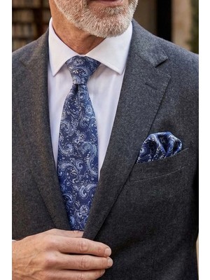 Kravatkolik Mavi Şal Desen Mendilli Klasik Kravat İthal Mikrofiber Kumaş  KK13125