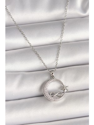 Krm 316L Çelik Gümüş Renk Zincir Zirkon Taşlı Ay Yıldız Model Sonsuzluk Detay Kadın Kolye K