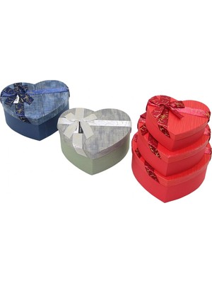 Krm 3pcs Kalp Çizgili Mix Renkli - Kabartma Desen Karton Hediye Kutusu Kurdelalı 22X20-19X17-