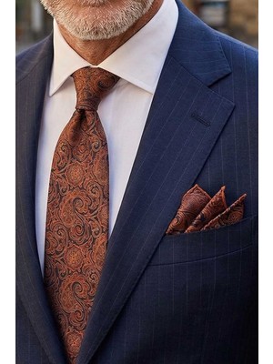 Kravatkolik Lacivert - Turuncu Şal Desen Mendilli Klasik Kravat KK13128