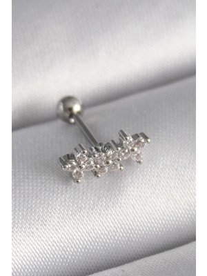 Krm 316L Çelik Gümüş Renk Zirkon Taşlı Yonca Tragus Piercing Krm