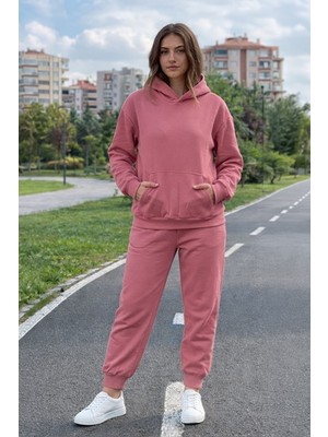 Evavi Kadın Baskısız Kapüşonlu Kanguru Cepli Gül Kurusu Eşofman Takımı