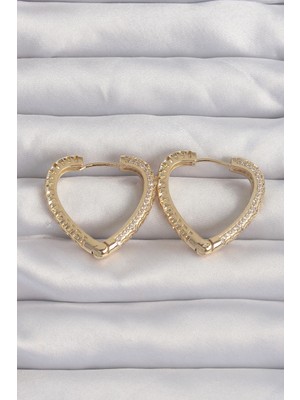 Krm Pirinç Gold Renk Zirkon Taşlı Motifli Kalp Küpe Krm