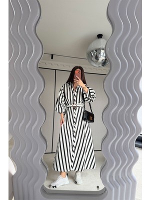 Özge Özgenç Çizgili Gömlek Yaka Maxi Elbise