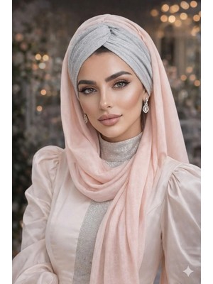 Aişe Tesettür Gümüş Pudra Simli Burgu Model Hazır Abiye Şal