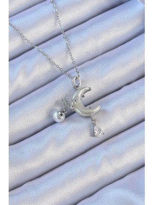 Krm 316L Çelik Zincir Gümüş Renk Zirkon Taşlı Kelebekli Mineli Ay Kolye Krm
