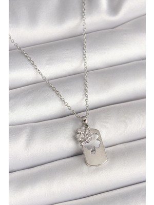 Krm 316L Çelik Gümüş Renk Zincir Zirkon Taşlı Yonca Model Kadın Kolye Krm