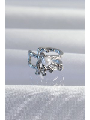 Krm Pirinç Gümüş Renk Incili Ahtapot Earcuff Küpe Krm