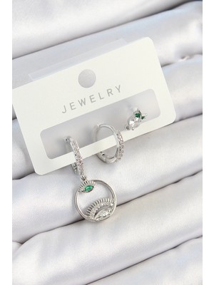 Krm Pirinç Zirkon Taşlı Göz ve Baykuş Model Gümüş Renk 3'lü Çift Kadın Küpe Set Krm