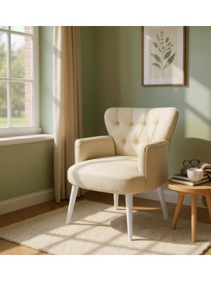 Waterybrook Tekli Berjer Koltuk - Kapitoneli Babyface Kumaş - Beyaz Ahşap Ayaklı -  Retro Modern Tasarım  - 14 Renk Seçeneği