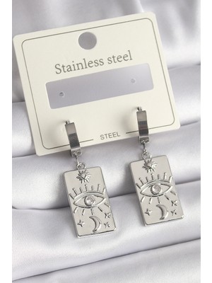 Krm 316L Çelik Gümüş Renk Zirkon Taşlı Göz Işleme Detaylı Plaka Model Kadın Küpe Krm