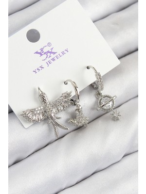 Krm Pirinç Zirkon Taşlı 3'lü Kuş Model Gümüş Renk Kadın Küpe Krm