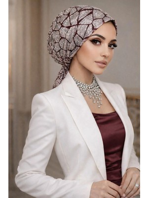 Aişe Tesettür Bordo Gümüş Simli Abiye Eşarp Bone