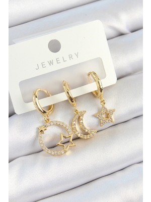 Krm Pirinç Zirkon Taşlı Yıldız ve Ay Model Gold Renk 3'lü Kadın Küpe Set Krm