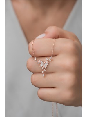 Nereze 925 Ayar Gümüş Rose Daldaki Kelebek Kolye Zirkon Taşlı Özel Tasarım Kadın Takısı