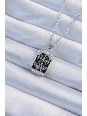 Krm 316L Çelik Zincir Gümüş Renk Işlemeli Siyah Mineli Tarot Kolye Krm