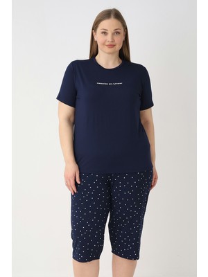 Remsa Büyük Beden Kadın Kısa Kol Kaprili Pijama Takımı 26081 Lacivert