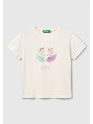 United Colors Of Benetton Ekru Kadın / Kız Kk Kk_önü Baskılı Tül Aplikli Yırtmaçlı T-Shirt Model Kodu: 3I1XG10I40R2
