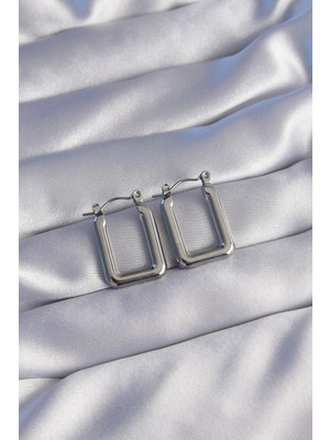 Krm 316L Çelik Gümüş Renk Dikdörtgen Model Küpe Krm