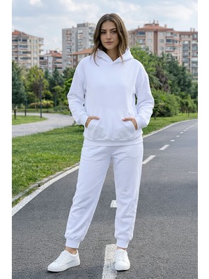 Evavi Kadın Baskısız Kapüşonlu Kanguru Cepli Beyaz Eşofman Takımı