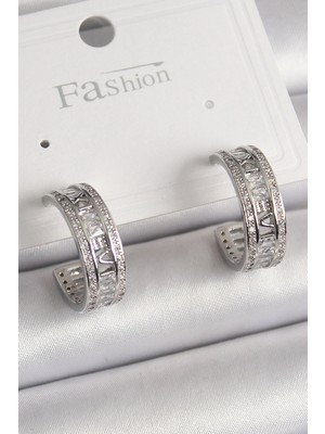 Krm Pirinç Gümüş Renk Zirkon Taşlı Işleme Detay Halka Model Kadın Küpe Krm