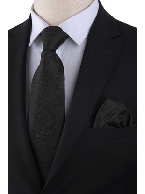 Kravatkolik Siyah - Kahve Şal Desen Mendilli Klasik Kravat KK13304