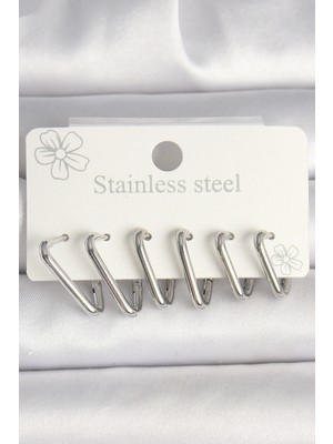 Krm 316L Çelik Gümüş Renk Üçgen Model Kadın Küpe Seti Krm