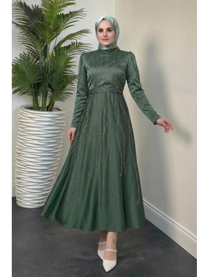 Tesettür Diyarı Amaris Taşlı Prenses Kesim Saten Kumaş Tesettür Abiye- Haki