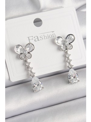 Krm Pirinç Gümüş Renk Kelebek Model Sallantı Damla Zirkon Taşlı Kadın Küpe Krm