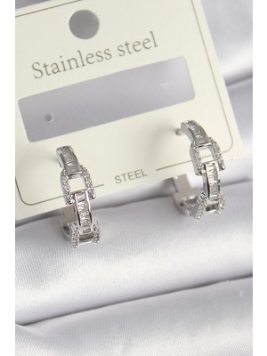 Krm Pirinç Gümüş Renk Zirkon Taşlı Zincir Model Kadın Küpe Krm