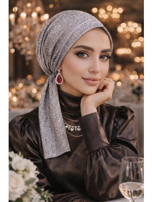 Aişe Tesettür Gümüş Simli Abiye Eşarp Bone