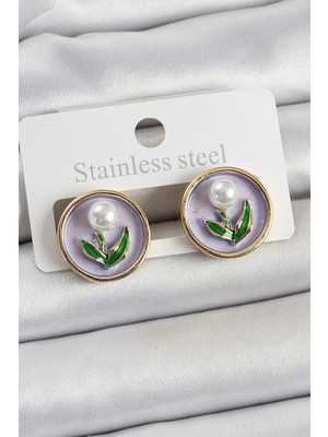 Krm Pirinç Mor Mineli Lale Figürlü Sanatsal Portre Model Gold Renk Kadın Küpe Krm