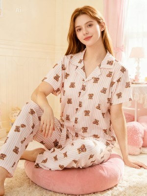 NiCe İç Giyim Ekru Renk Pembe Çizgili Ayıcık Desen Şirin Baharlık Gömlek Yaka Düğmeli Kadın Pijama Takım