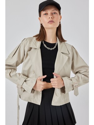 Bigdart Kadın Kemerli Kısa Trençkot 5970 - Taş