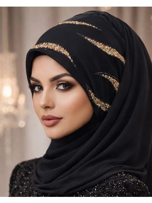 Aişe Tesettür Siyah Gold Simli Abiye Şal