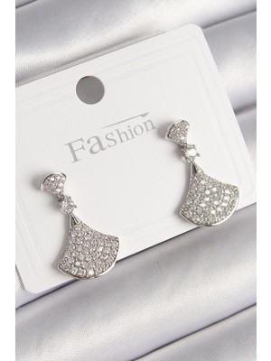 Krm Pirinç Gümüş Renk Zirkon Taşlı Motif Model Kadın Küpe Krm