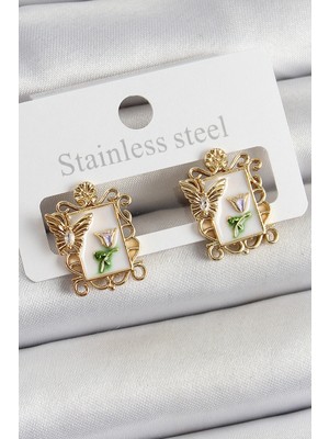 Krm Pirinç Beyaz Mineli Sanatsal Portre Model Gold Renk Kadın Küpe Krm