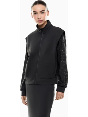 EA7 Kadın Modal Içerikli Interlok Kumaşlı Dik Yaka Kolları Taş Detaylı Gri Sweatshirt 7W001016 AF24375-U8111