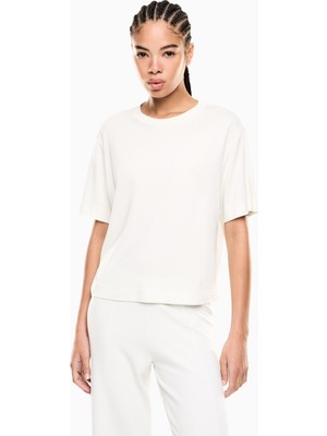 EA7 Kadın Rahat Kalıp Yapay Elmas Taş Detaylı Yuvarlak Yakalı Kısa Kollu Beyaz T-Shirt 7W001015 AF13919-U1142