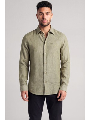 Emporio Armani Erkek Regular Fit %100 Keten Kartal Logolu Uzun Kollu Bej Gömlek EM000099 TE10157-O1002