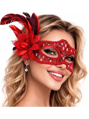MiraLive Kırmızı Tüylü Balo Maskesi Kadın Parti Aksesuarı