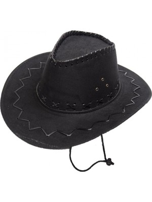 MiraLive Bağcıklı Çocuk Boy Nubuk Süet Kovboy Şapkası Siyah Renk