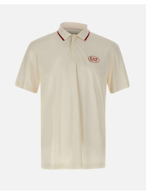 EA7 Erkek Vücut Sıcaklığını Sabit Tutan Kumaş Dar Kalıp Logo Desenli Kısa Kollu Krem Polo Yaka T-Shirt 7M001288 AF13520-U0004