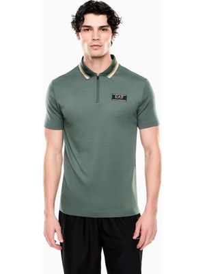 EA7 Erkek Rahat Jarse Kumaşlı Yarım Fermuarlı Kontrast Renk Şeritli Yeşil Polo Yaka T-Shirt 7M001333 AF13739-U7260