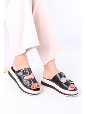 Sefayol Legget Siyah Mat Deri Tokalı Kadın Terlik