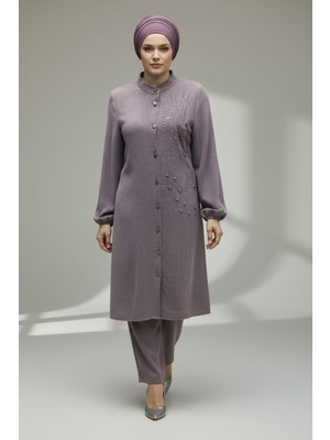 Ece Giyim Kadın Tunik Önü Düğmeli Boncuk ve Taş Detaylı Kolagzı Lastikli Hakım Yaka Pantolon Beli Lastikli Ikili Takım