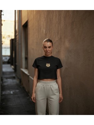 Muhtar Store Minimal Persian Kedi Baskılı Beyaz Crop Tişört Kadın Rahat Kalıp