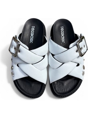 Degischic Beyaz Deri Çapraz Terlik